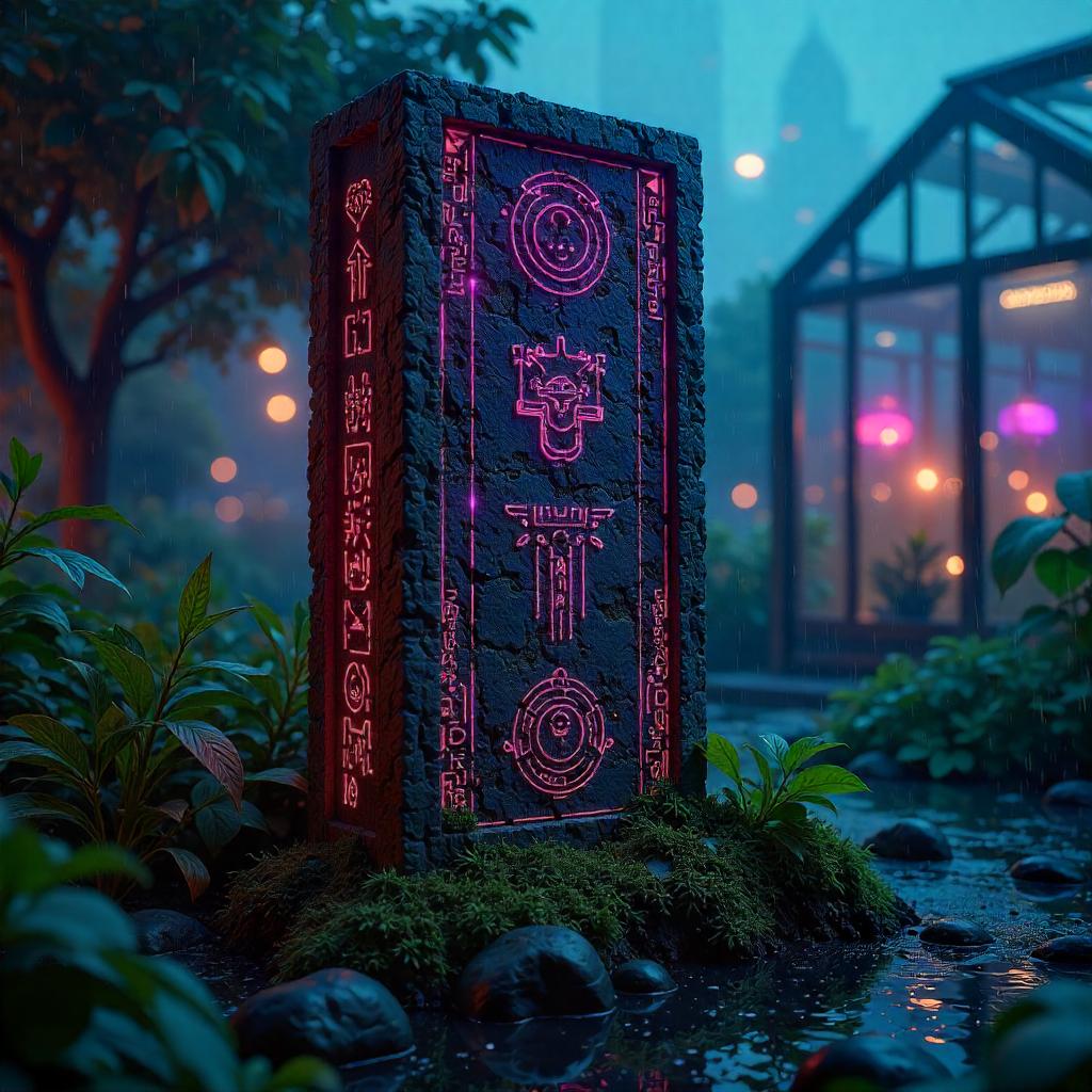 Runic Stone in a Neon Cyber Garden