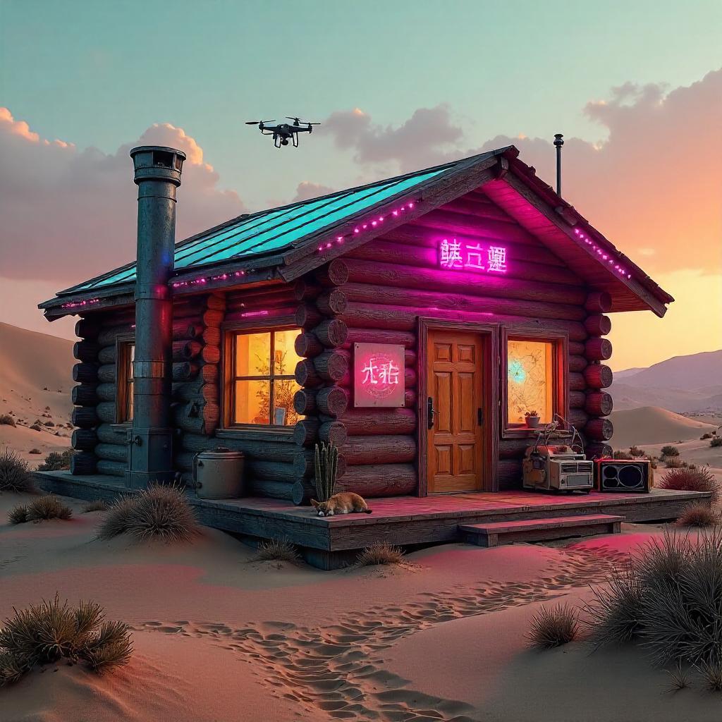 Neon Dunes: A Cyberpunk Log Cabin in the Desert