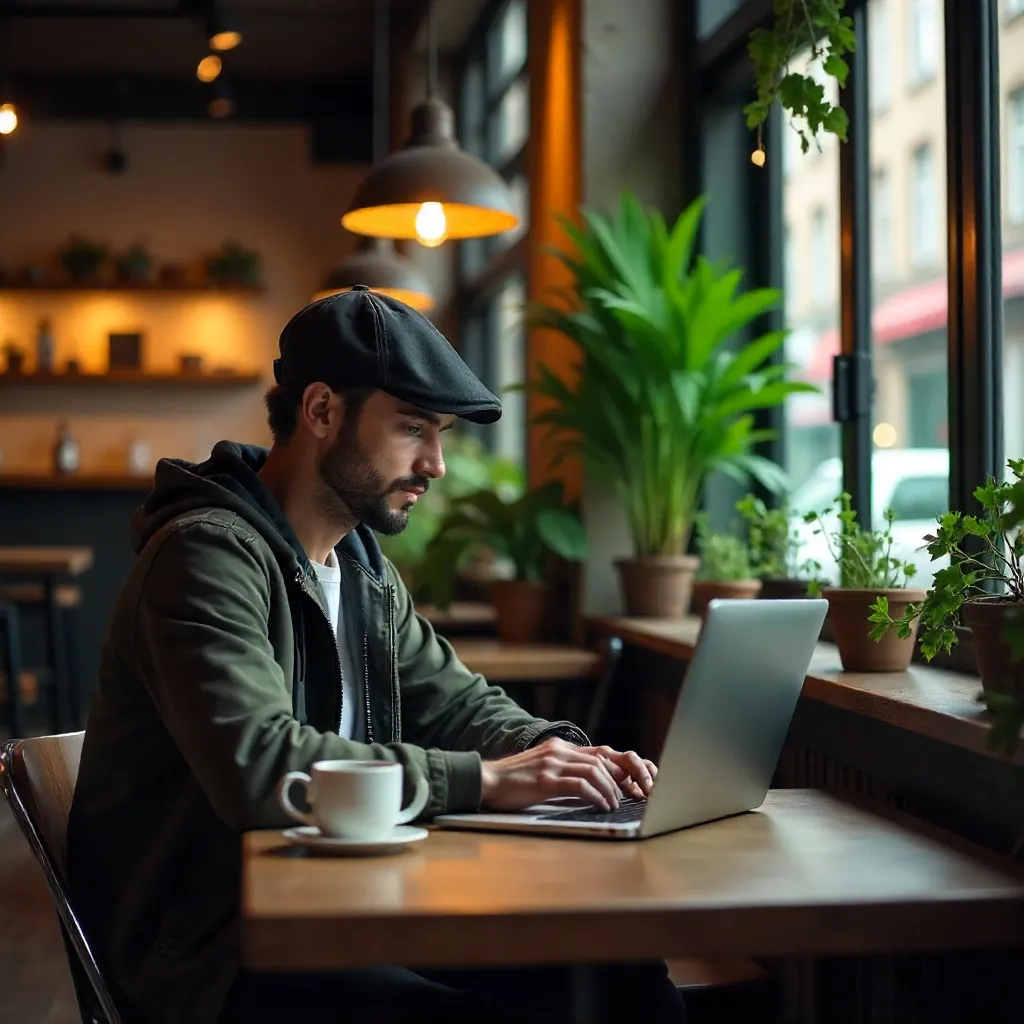 Cozy Café Focus: Young Man on Laptop