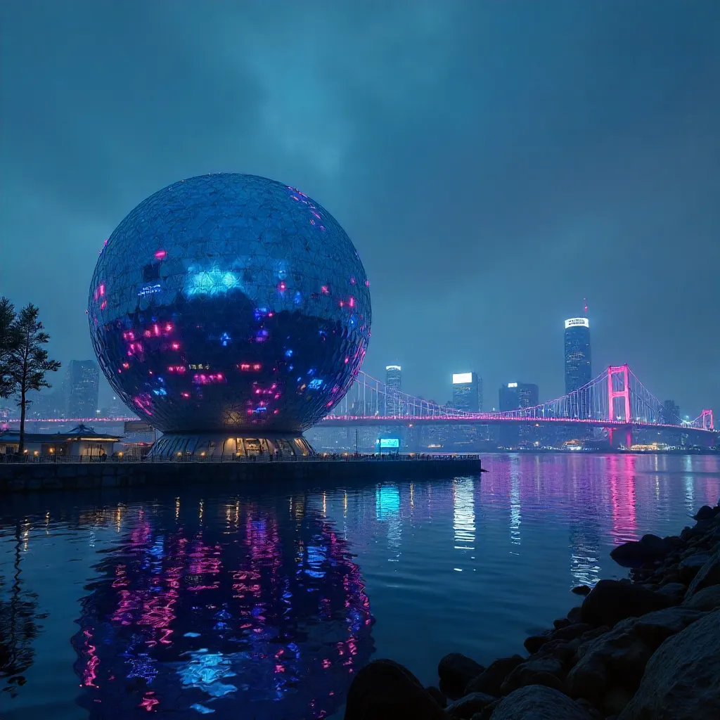 Odaiba Neon Skyline with Central Spherical Landmark
