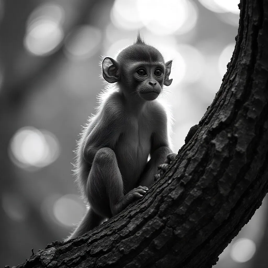 Thoughtful Young Monkey in a Monochrome Tree