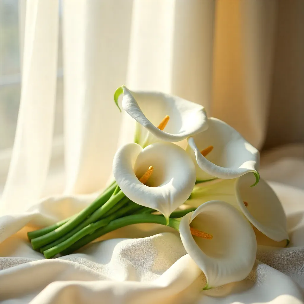 White Calla Lily Bouquet by Window with Sheer Curtains