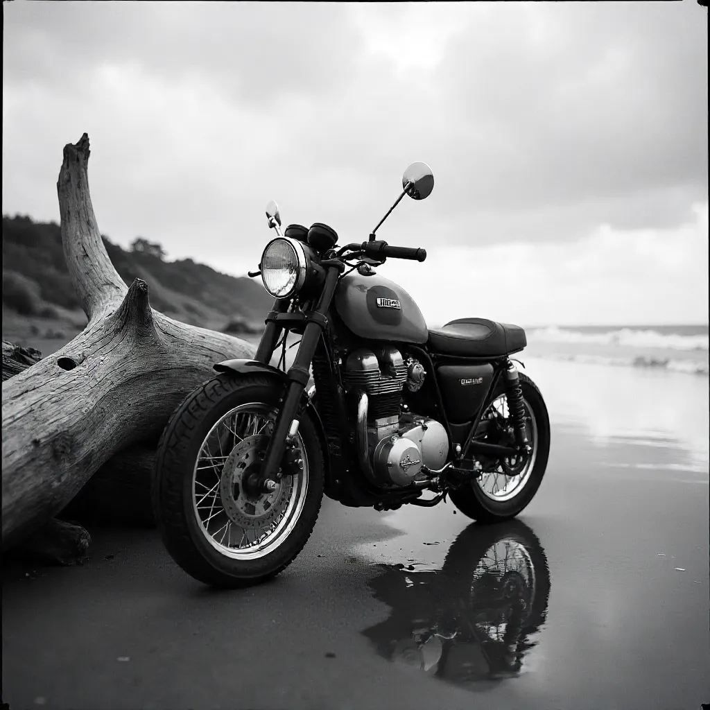 Monochrome Moto by Driftwood on a Cloudy Beach