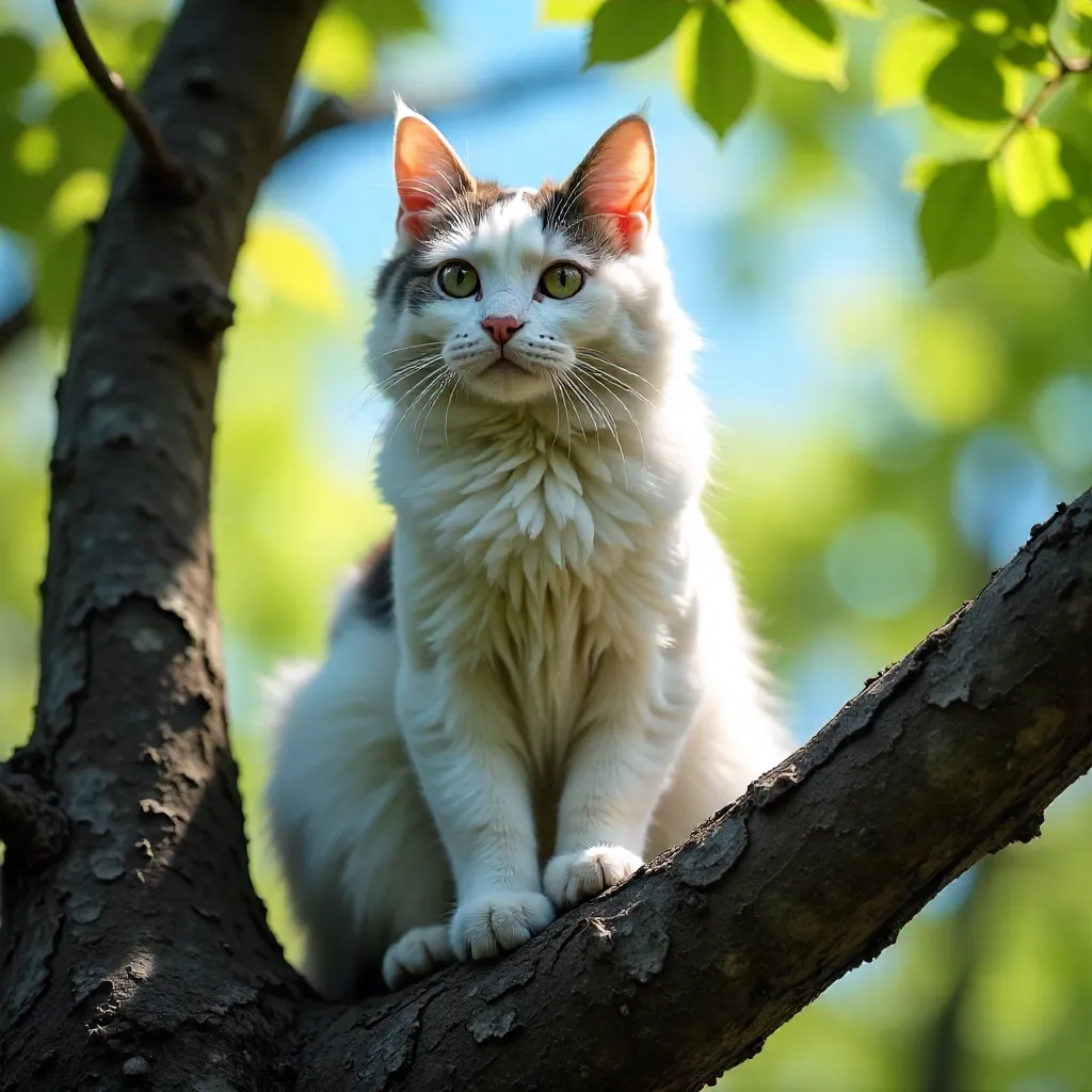 Lofty White-and-Gray Cat on a Sunlit Tree Branch