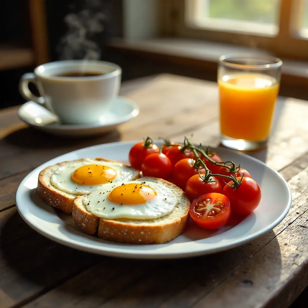 Sunny Morning Breakfast Plate with Bread, Eggs, and Tomatoes