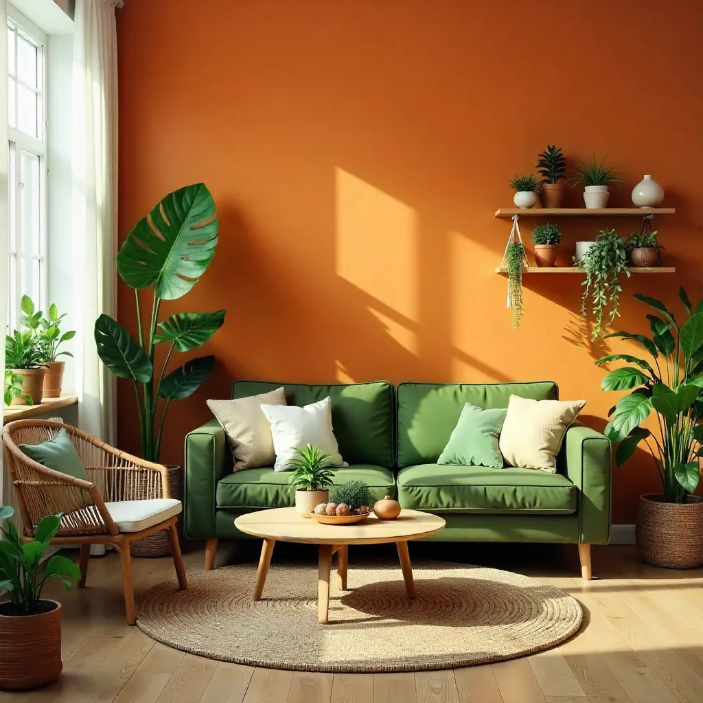 Orange Wall Oasis: Lush Green Indoor Living Space