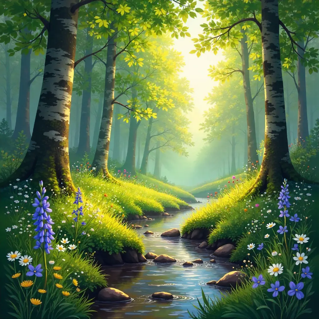 Tranquil Spring Forest with Blooming Wildflowers