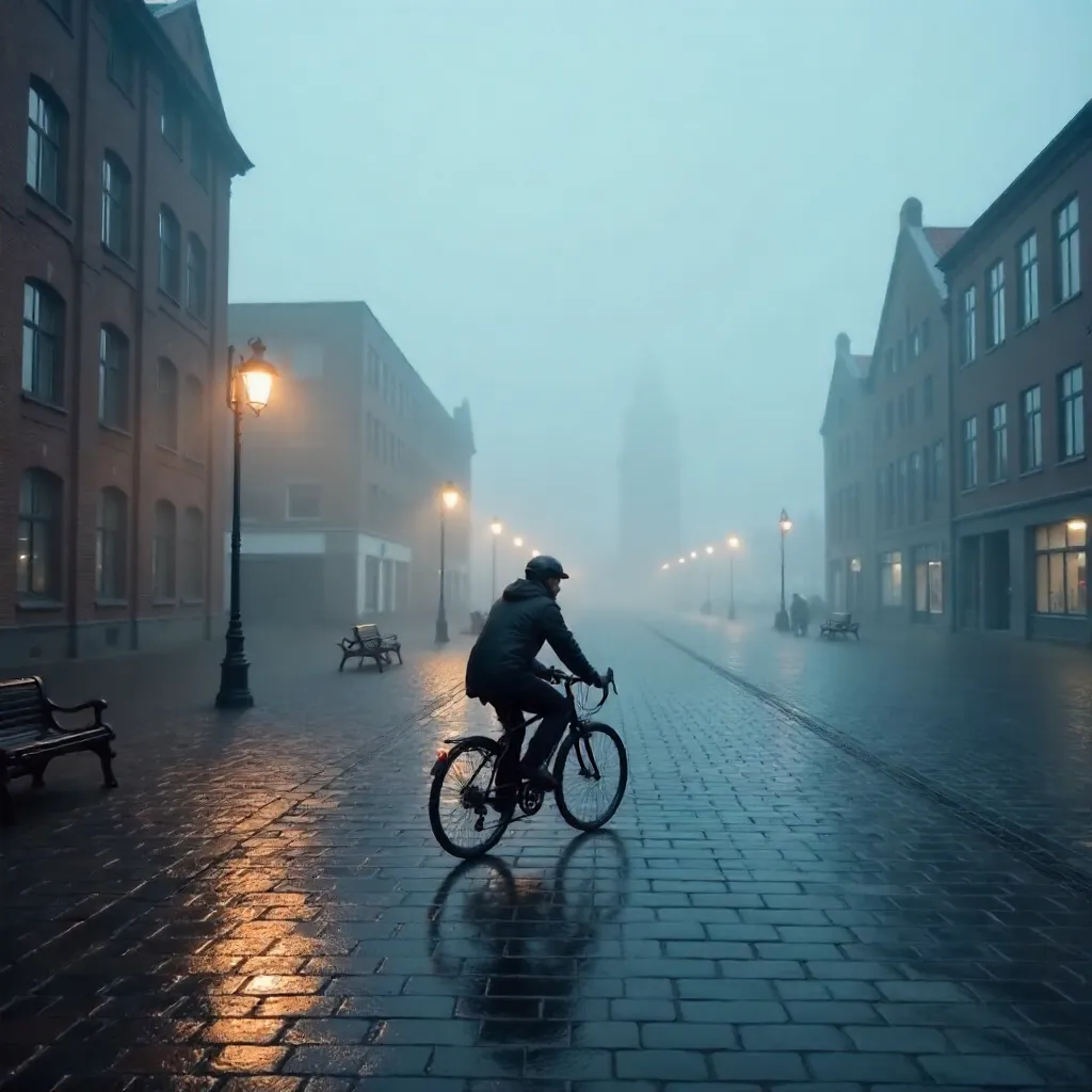 Mist in Aalborg: Solitary Cyclist on a Paved Square