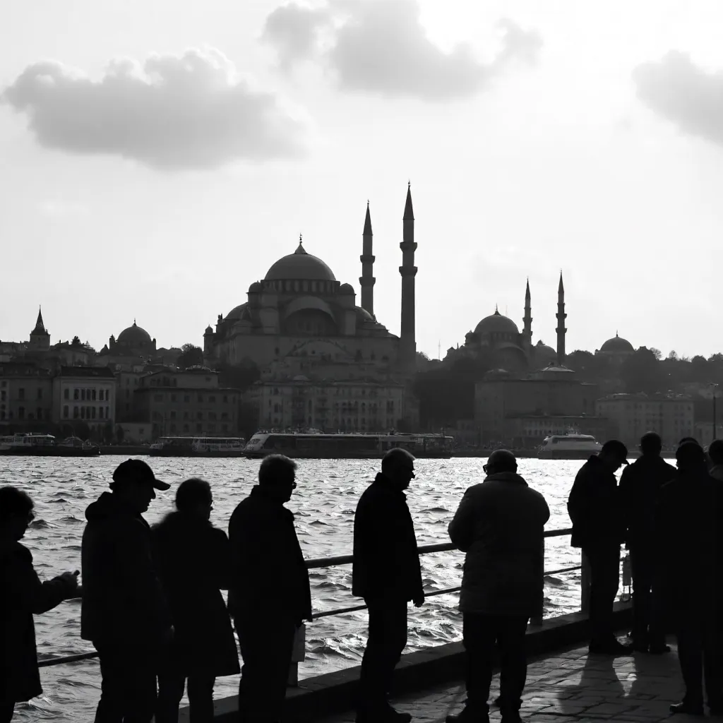 Silhouetted Figures with Istanbul Monochrome Skyline