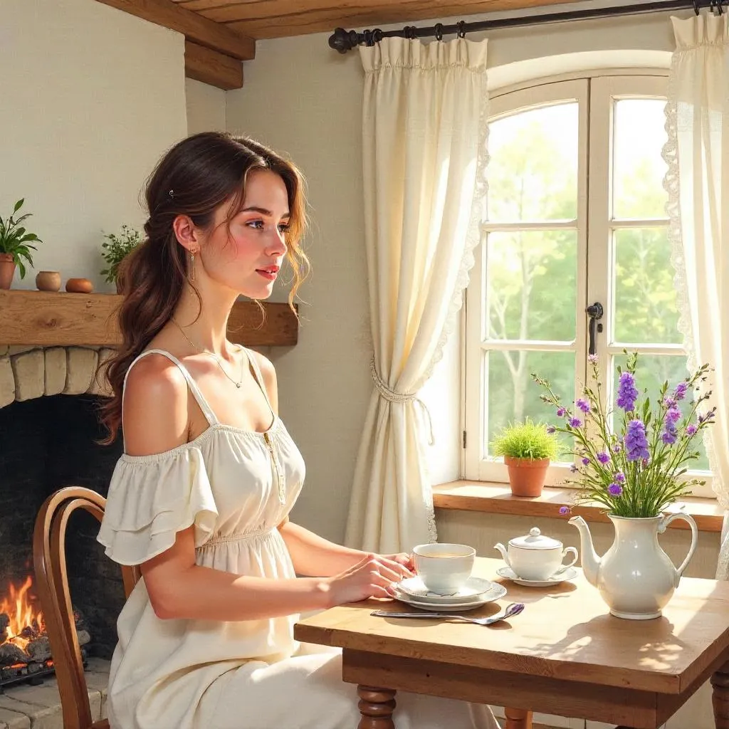 Watercolor Cottage Style: Stylish Woman in Light Dress