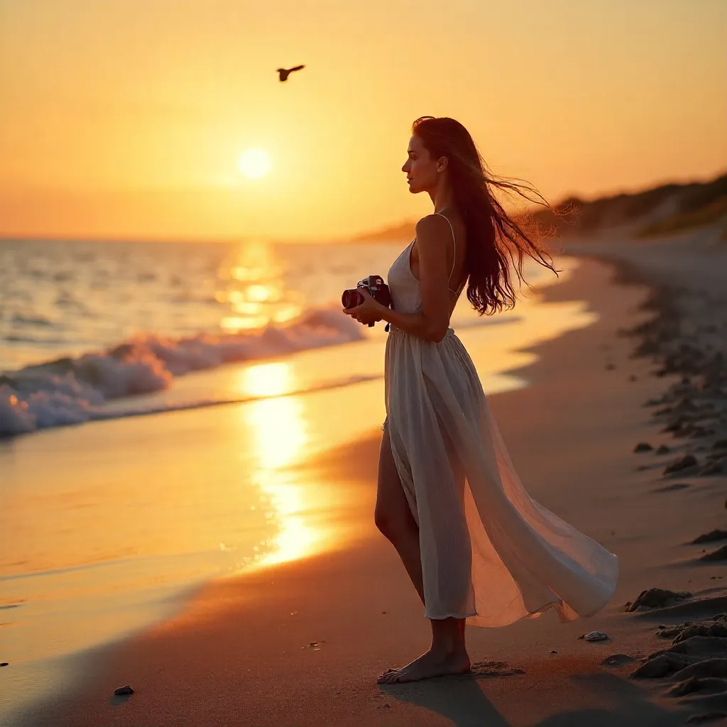 Serene Sunset Portrait by the Beach with Camera
