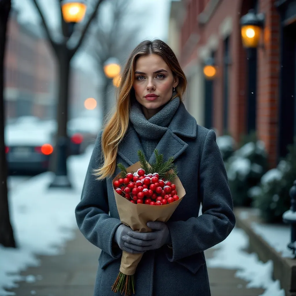 Winter Street Portrait: Gray Coat and Red Berry Bouquet