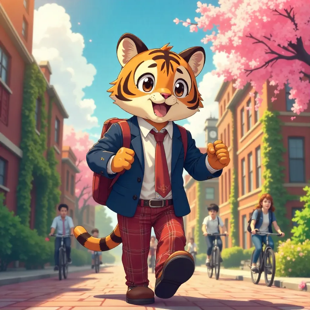 Anime Tiger Student on a University Campus