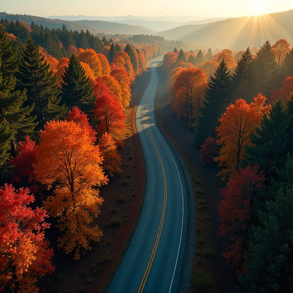 Autumn Aerial: Winding Road Through Dense Forest