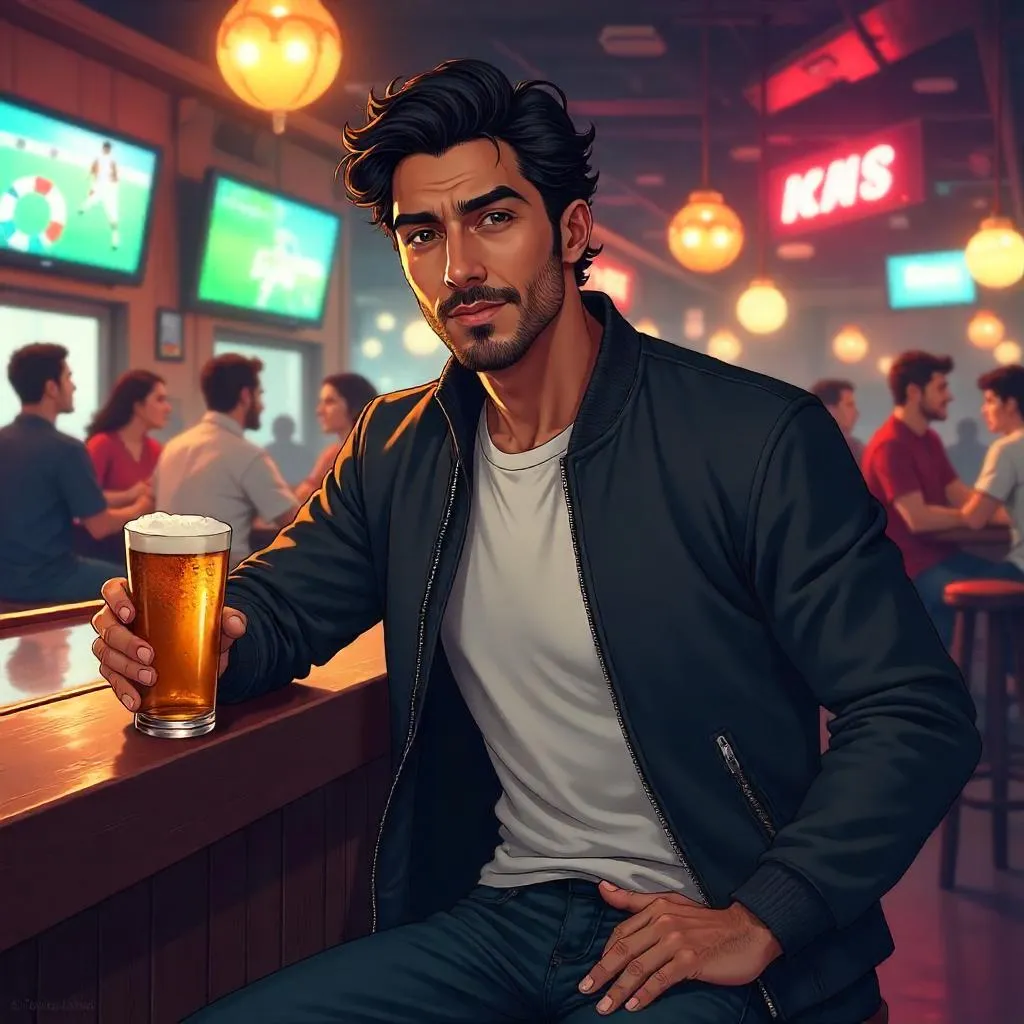 Anime Portrait: Handsome Middle Eastern Man in a Sports Bar
