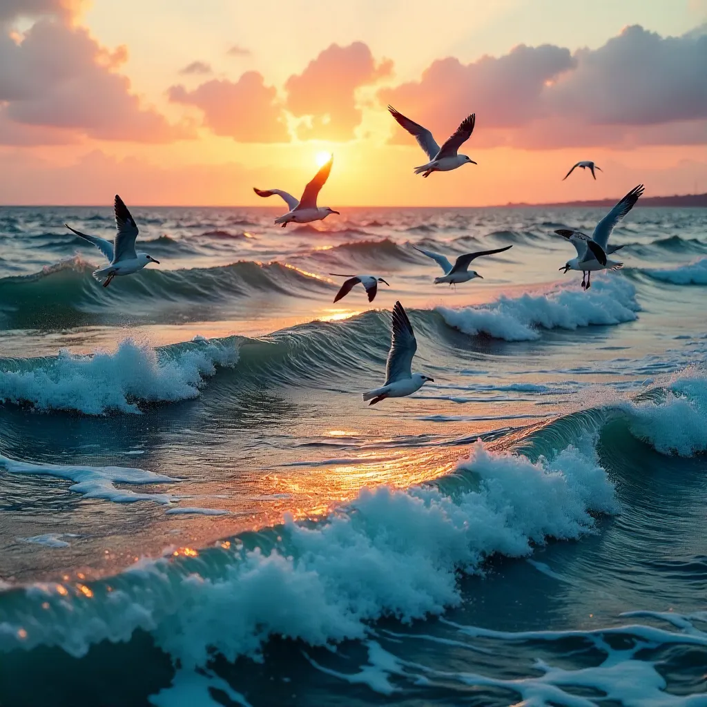 Sunset Aerial Seascape: Seagulls Over Rolling Waves