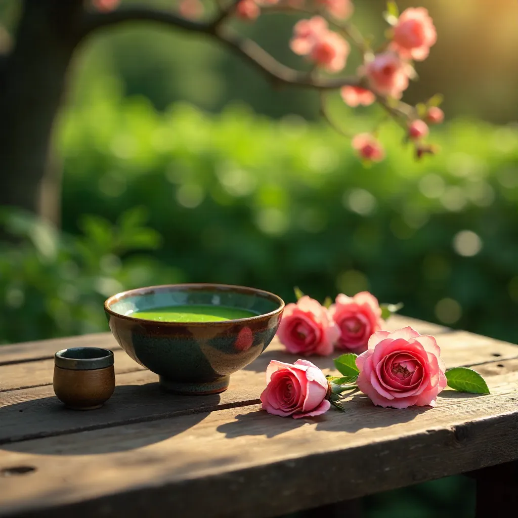 Tranquil Garden Table: Matcha and Pink Roses