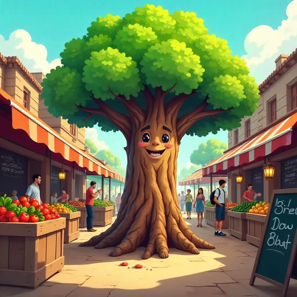 Whimsical Cartoon Tree in a Bustling Market
