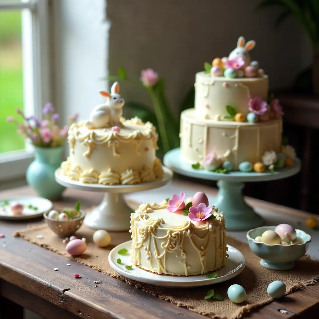 Decorative Easter Cakes on a Rustic Table