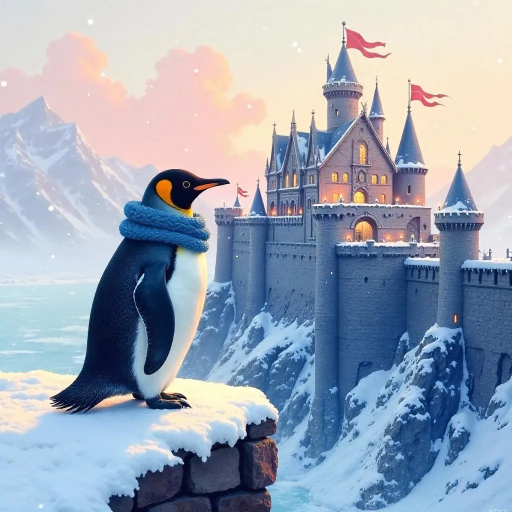 Watercolor Penguin Guard at a Snowy Fortress