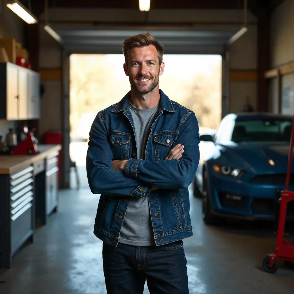 Confident White Man in a Photorealistic Garage