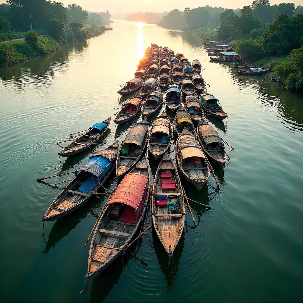 Aerial View of Traditional Bangladeshi Wooden Boats
