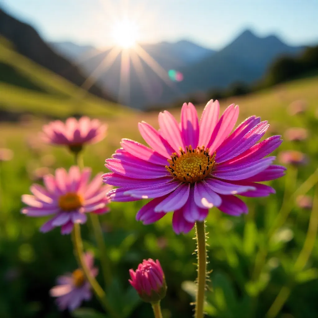 Close-up Pink Asters in the Austrian Alpine Meadow