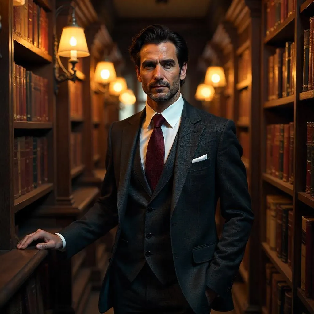 Elegant Latino Man in a Photorealistic Bookstore Scene