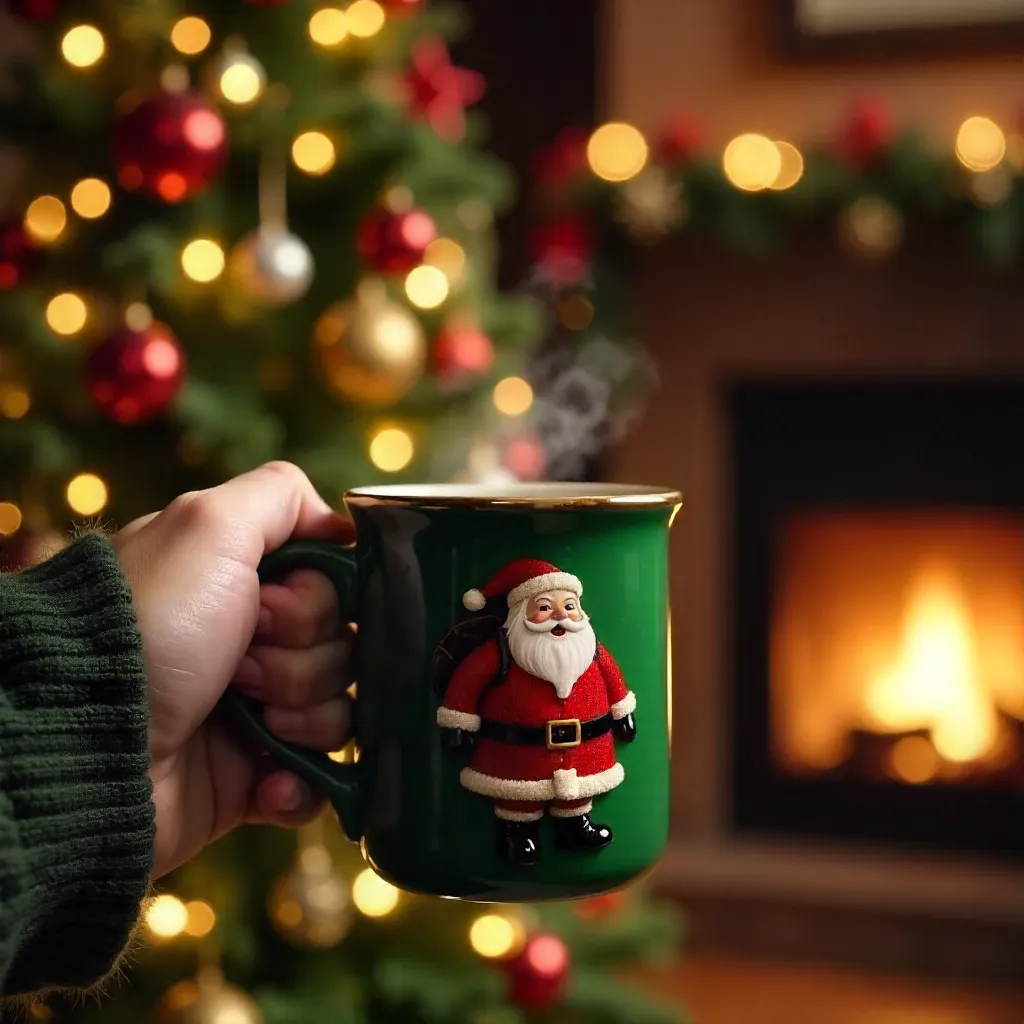 Cozy Green Santa Mug in Front of a Christmas Tree