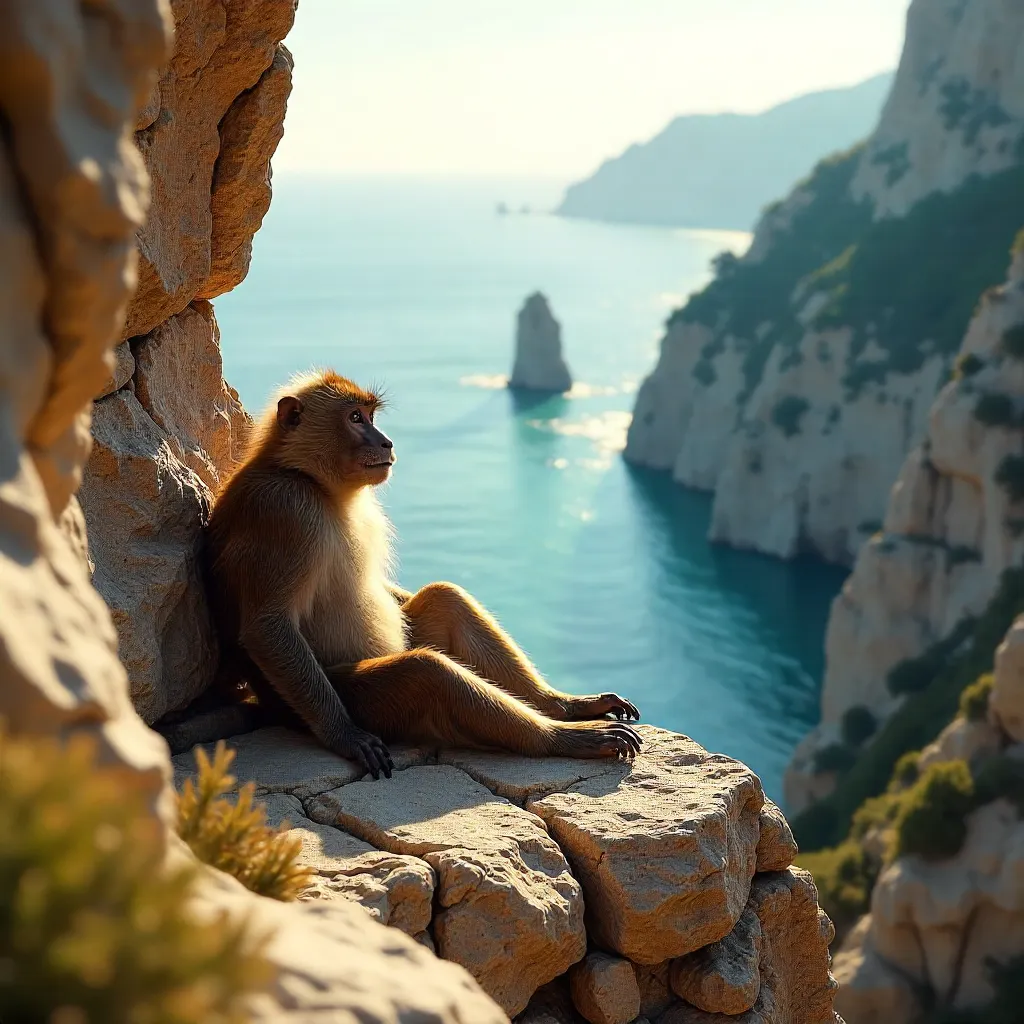 Sunlit Barbary macaque on Gibraltar Rock