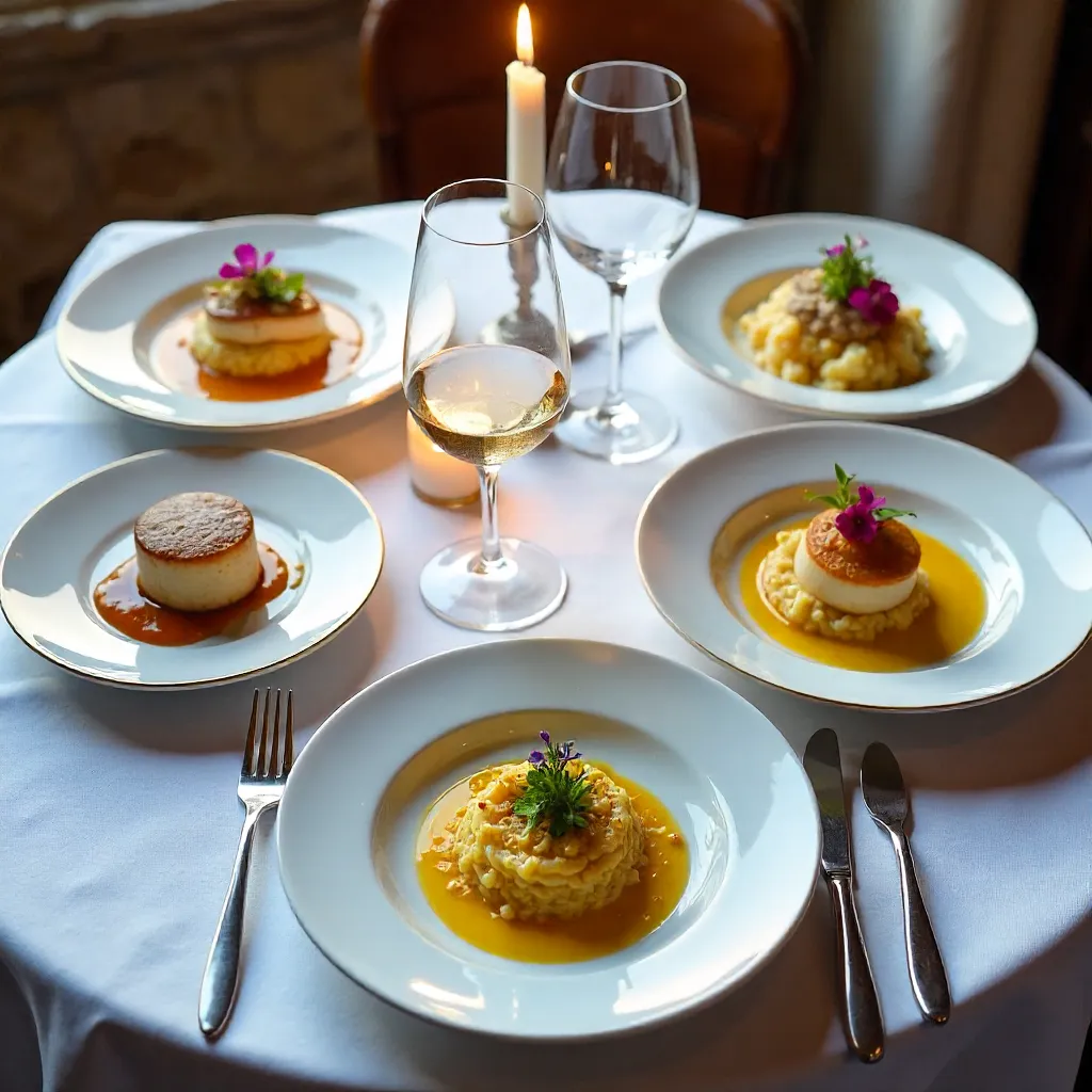 Overhead Gourmet Dishes in Vonnas Fine Dining