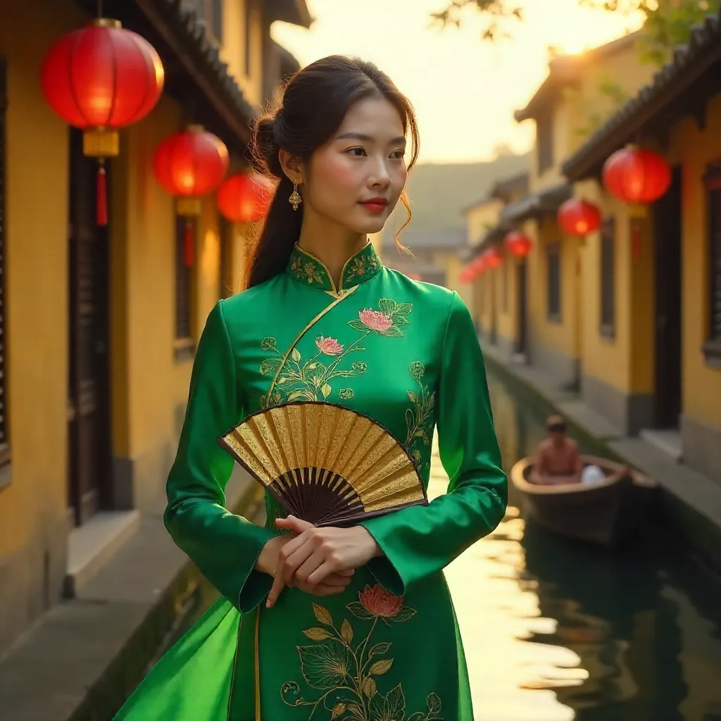 Ao Dai and Folding Fan in Hội An's Lantern Streets