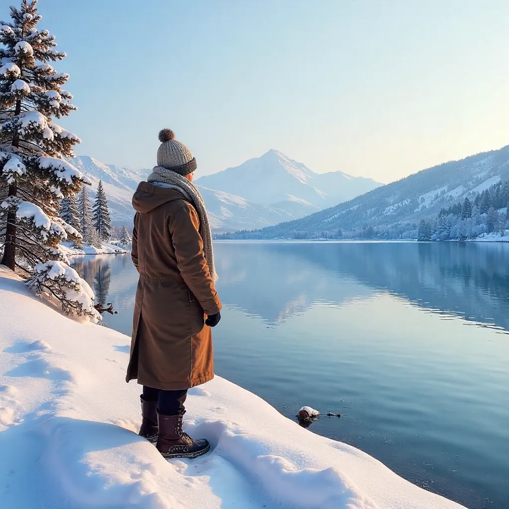 Serene Winter by Lake Van in Türkiye with Distant Snowy Hills