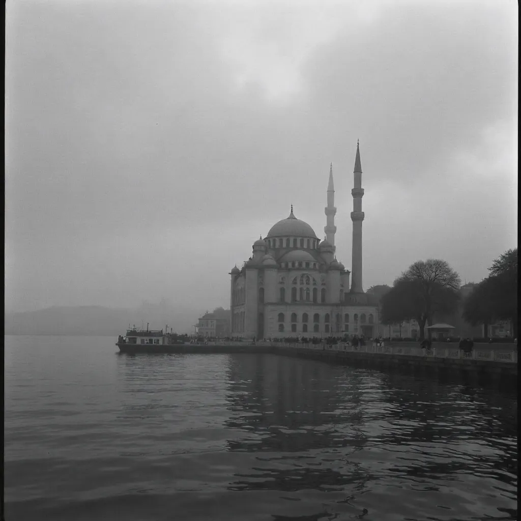 Fogbound Istanbul Mosque by the Bosphorus in Monochrome