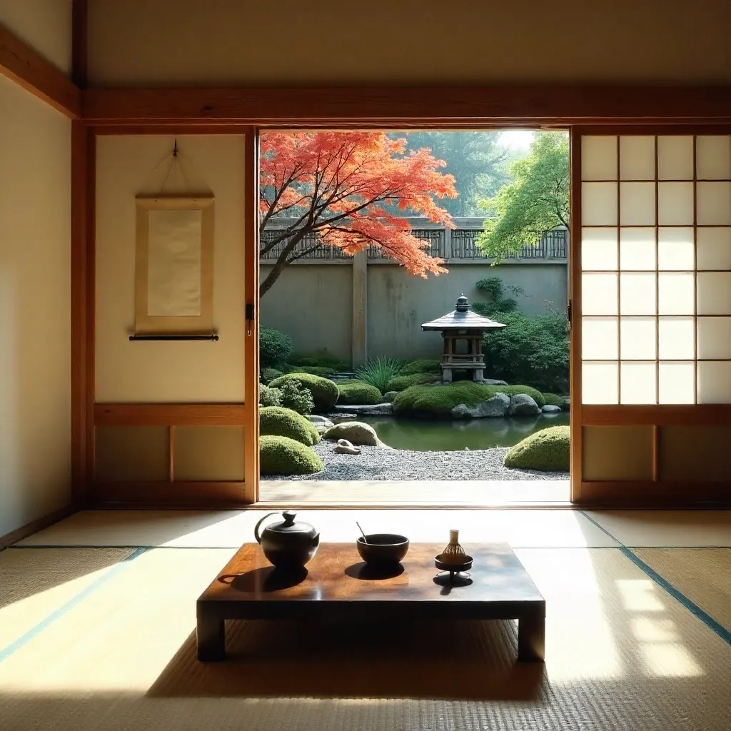 Serene Chashitsu with Garden View Through Sliding Doors