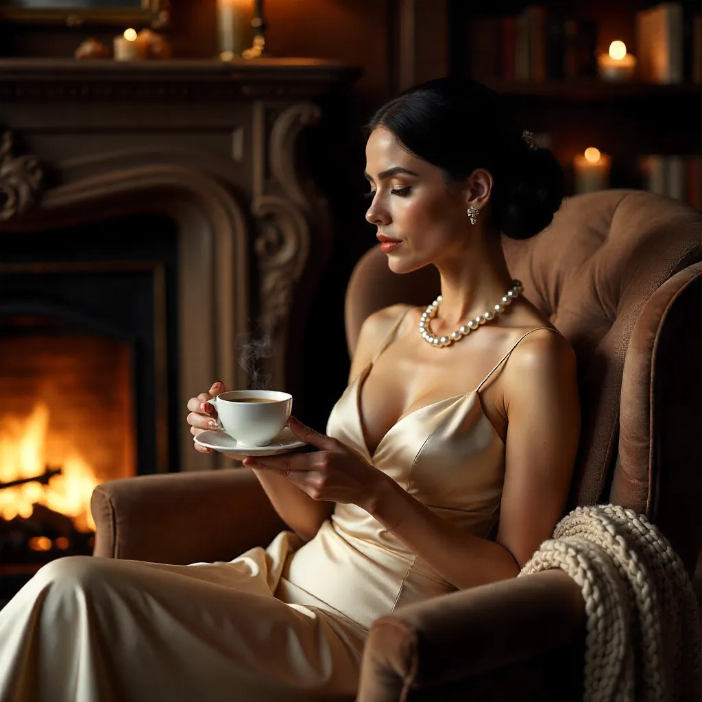 Cozy Elegance: Woman with Coffee in Velvet Armchair