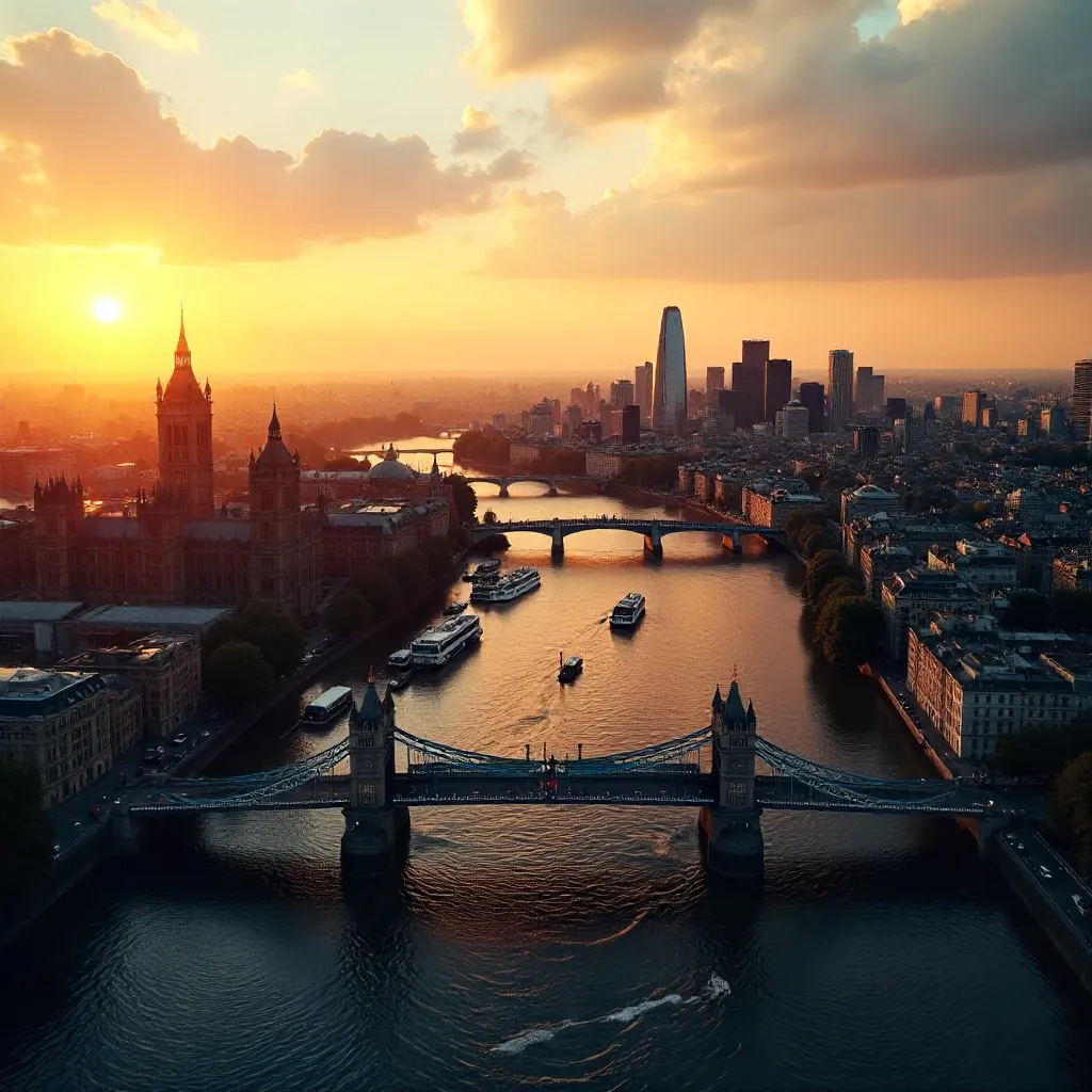 London Sunset Aerial: Iconic Skyline Over the Thames