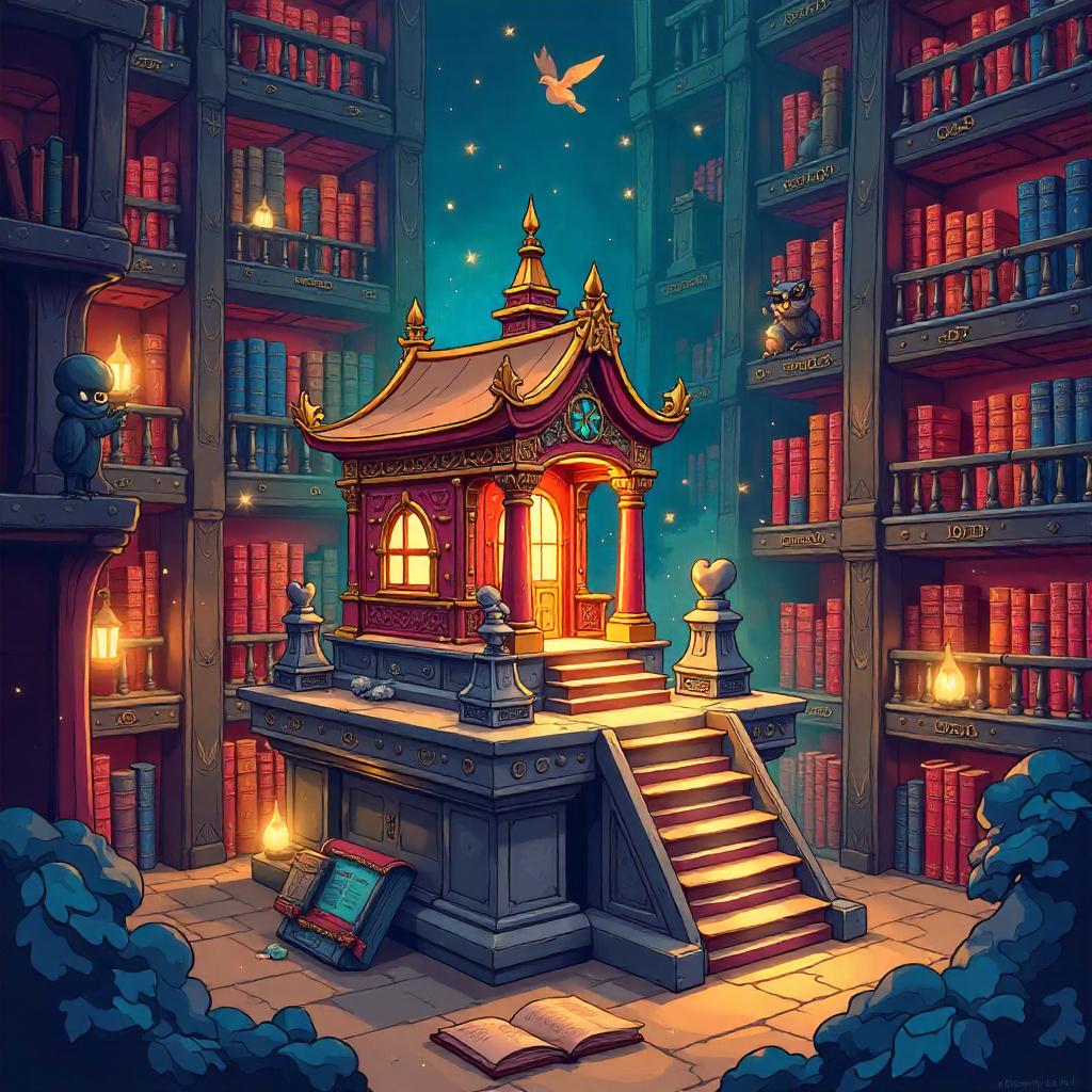 Cartoon Temple in a Magical Library
