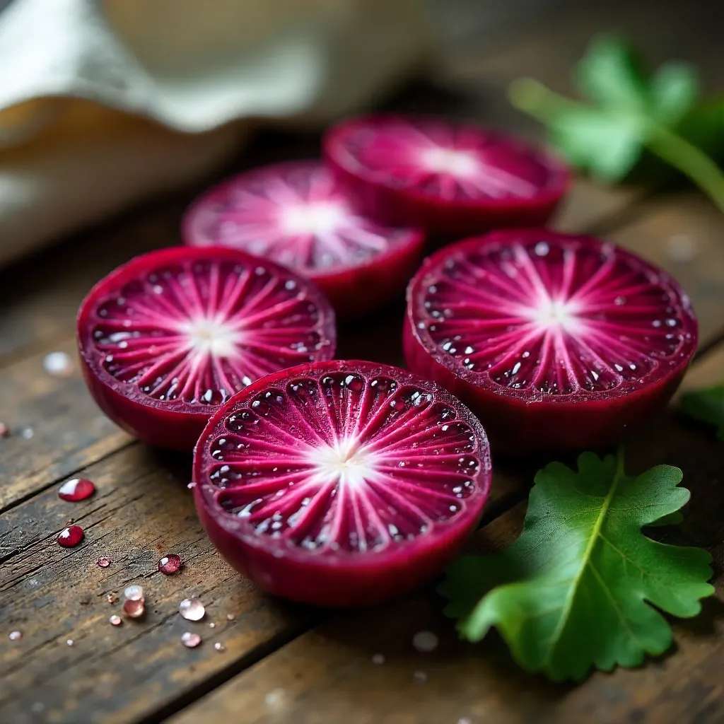 Macro close-up of sliced red chicory on rustic wood