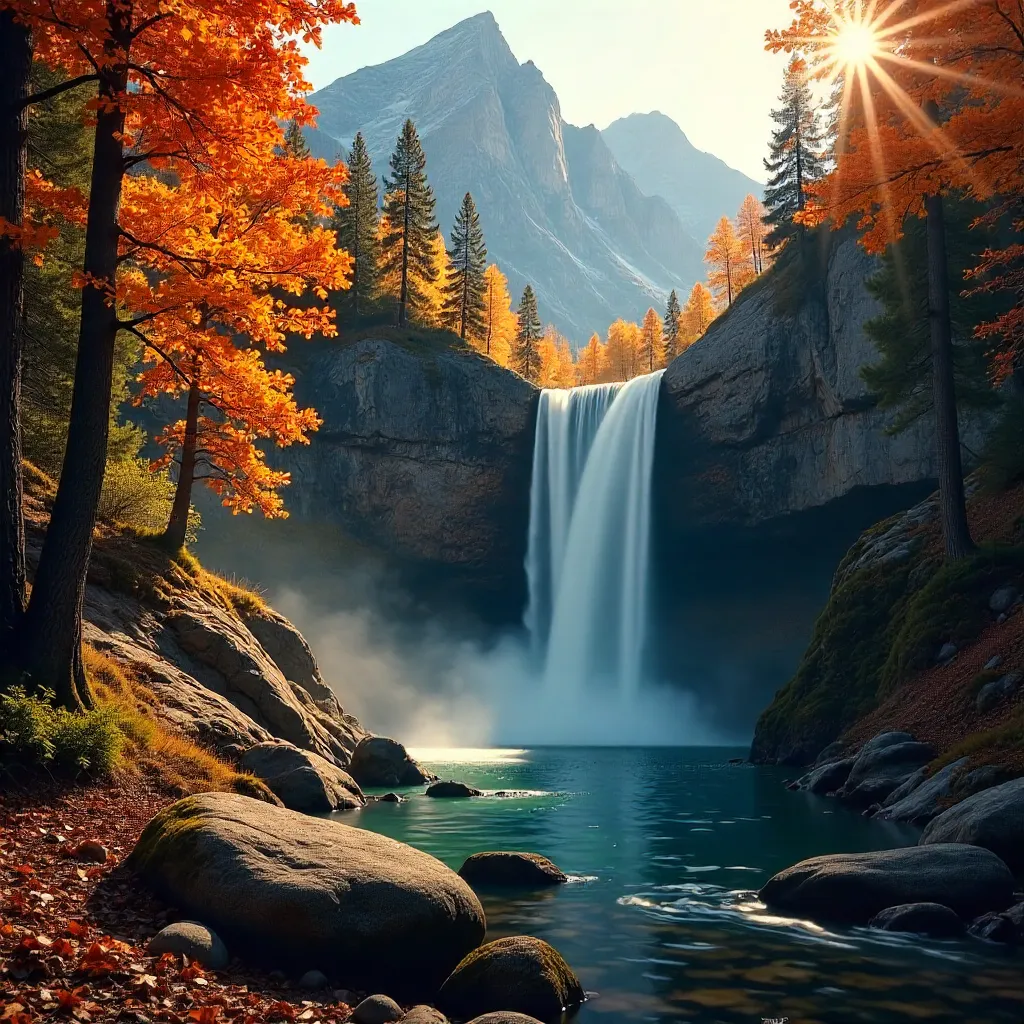 Autumn Mountain Waterfall in Vibrant Forest