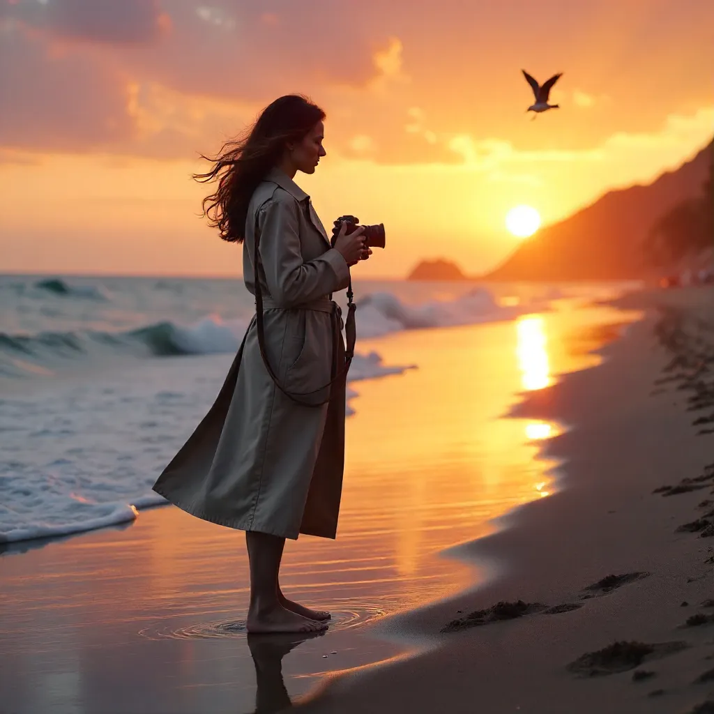 Sunset Moments: Trench Coat Photographer on the Beach