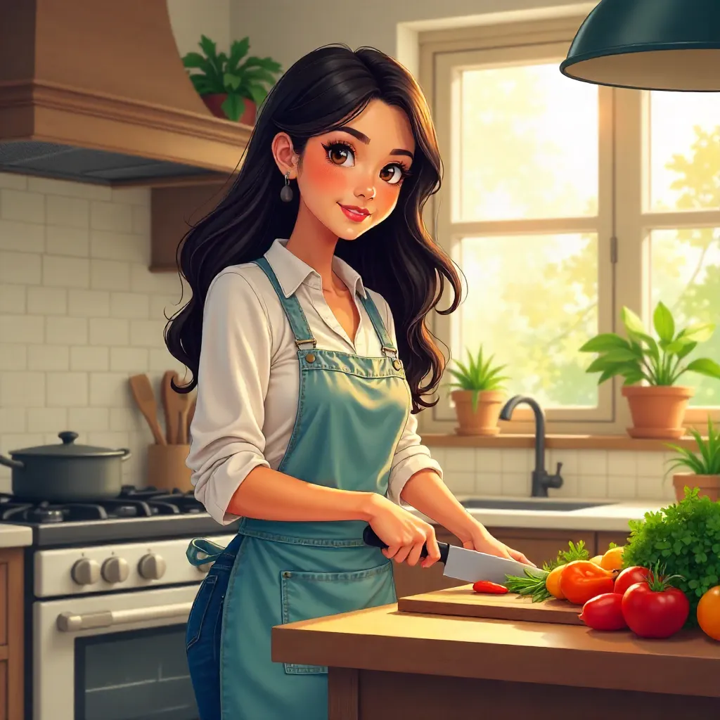 Latina Woman in a Cozy Anime Kitchen