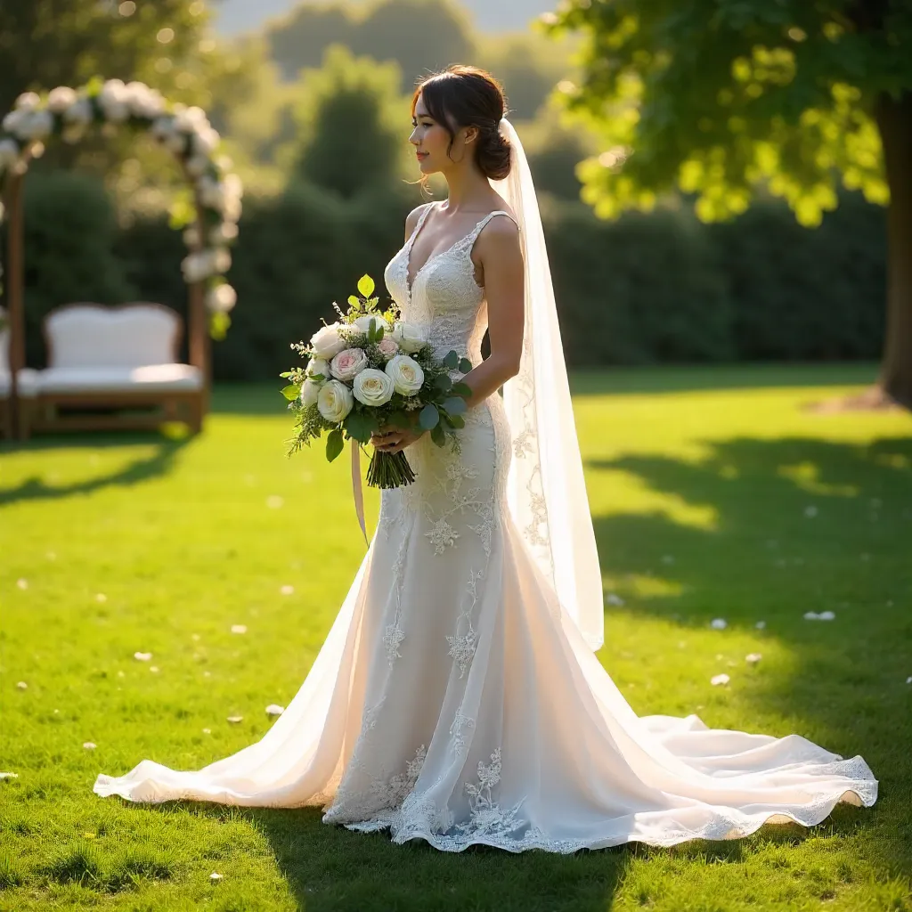 Sunlit Grass Bride with Bouquet: Outdoor Wedding Shadowplay