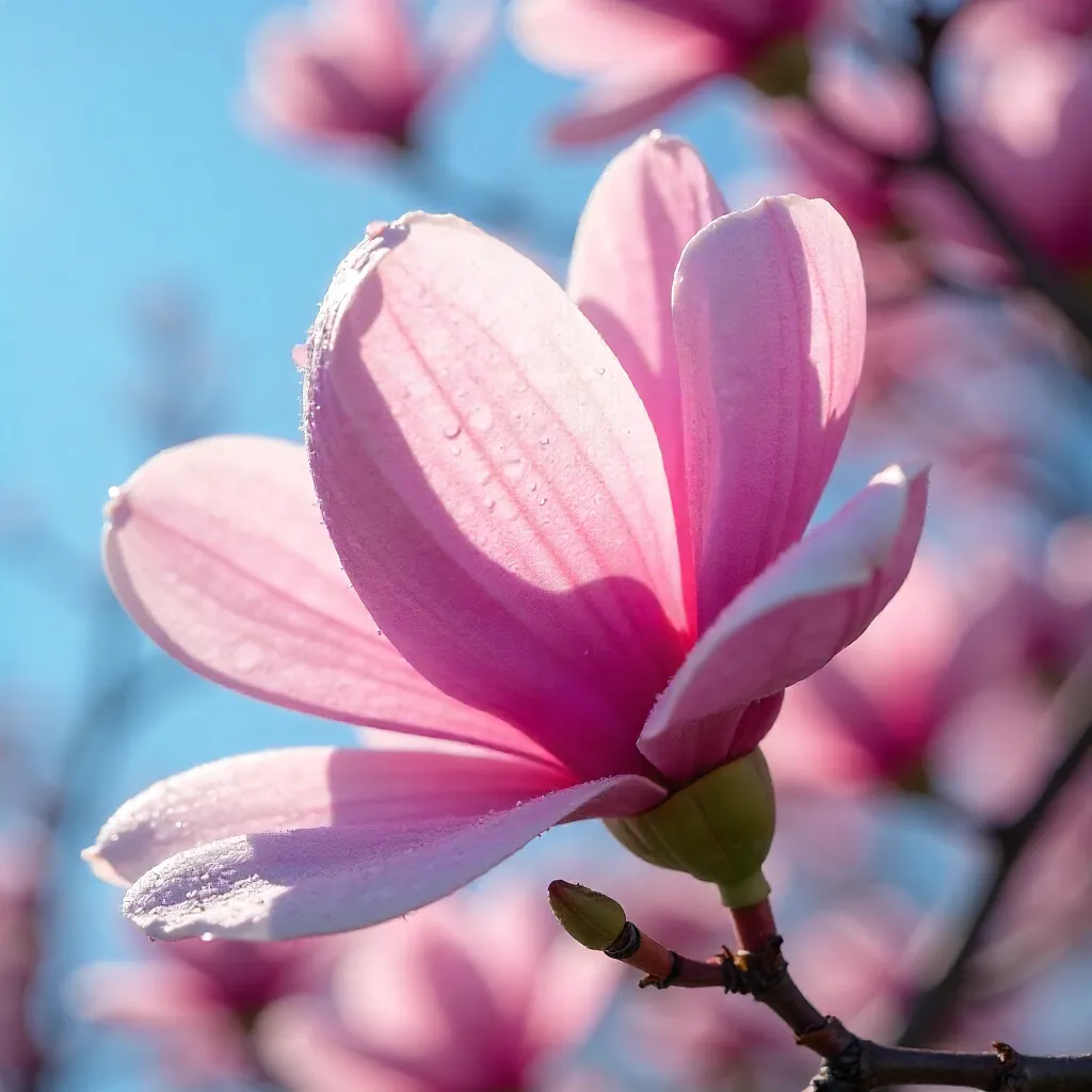 Close-Up Pink Magnolias Against a Bright Blue Sky