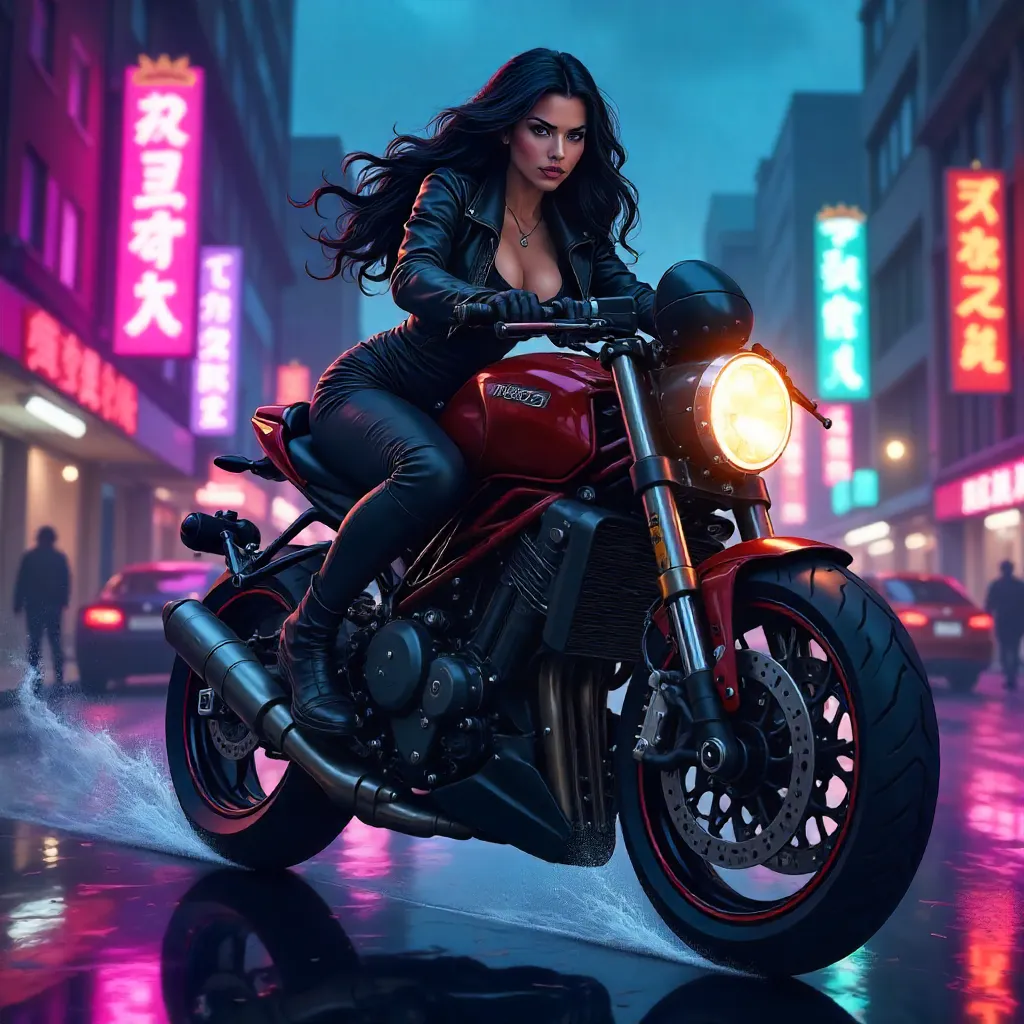 Confident Latina Rider on Neon Motorcycle