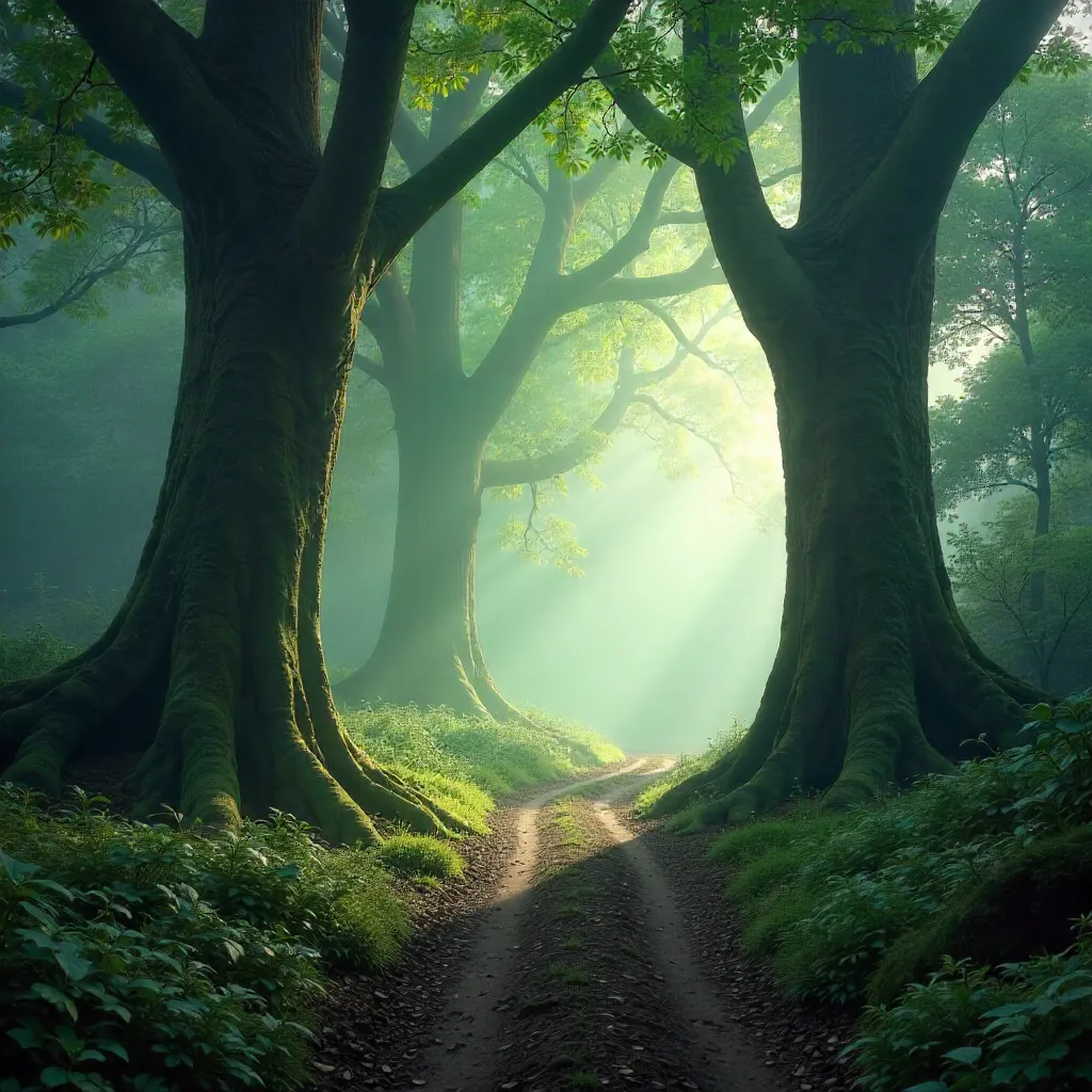 Mist-Wreathed Forest Path: Tranquil Dawn