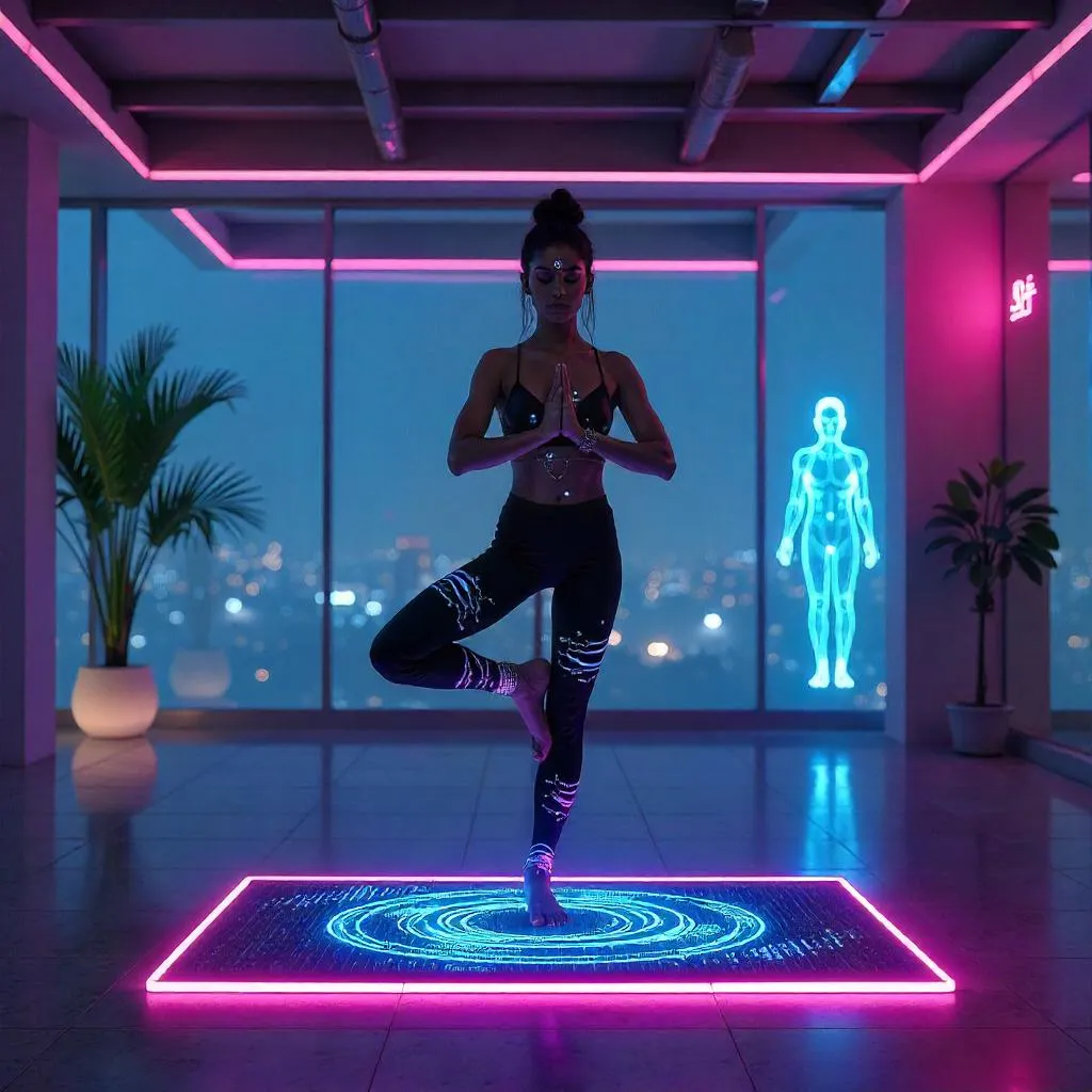 Neon Cyberpunk Yoga Studio with a Young Indian Woman