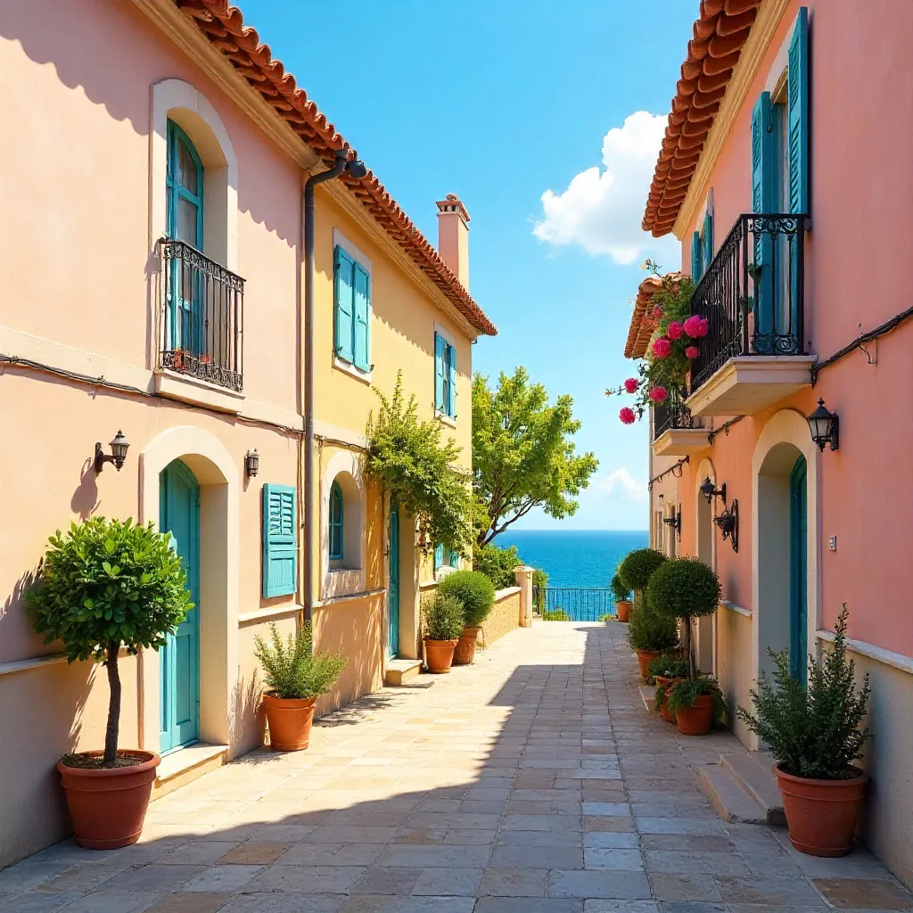 Pastel Mediterranean Village Under Clear Blue Sky