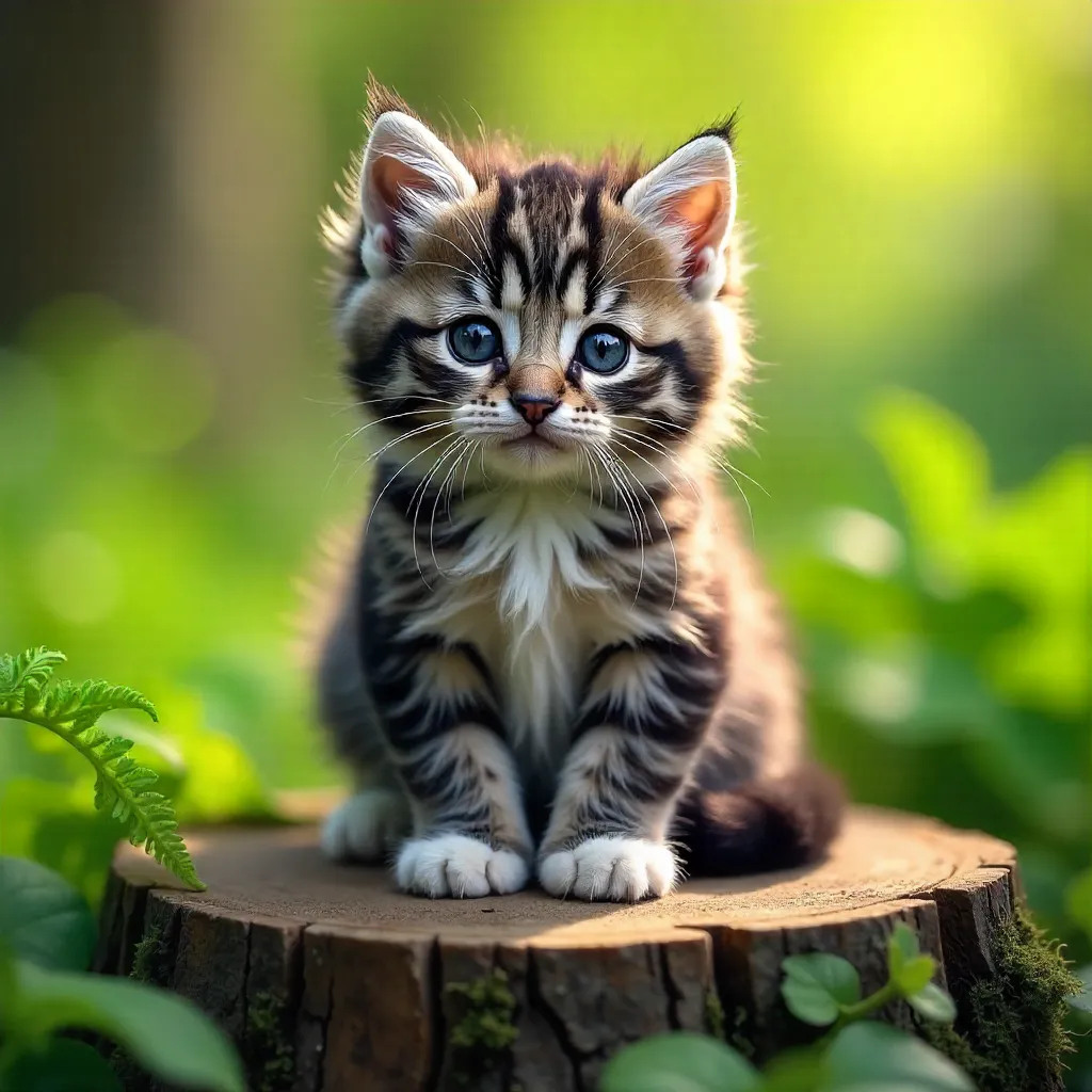 Kitten on a Wooden Stump in Lush Greenery