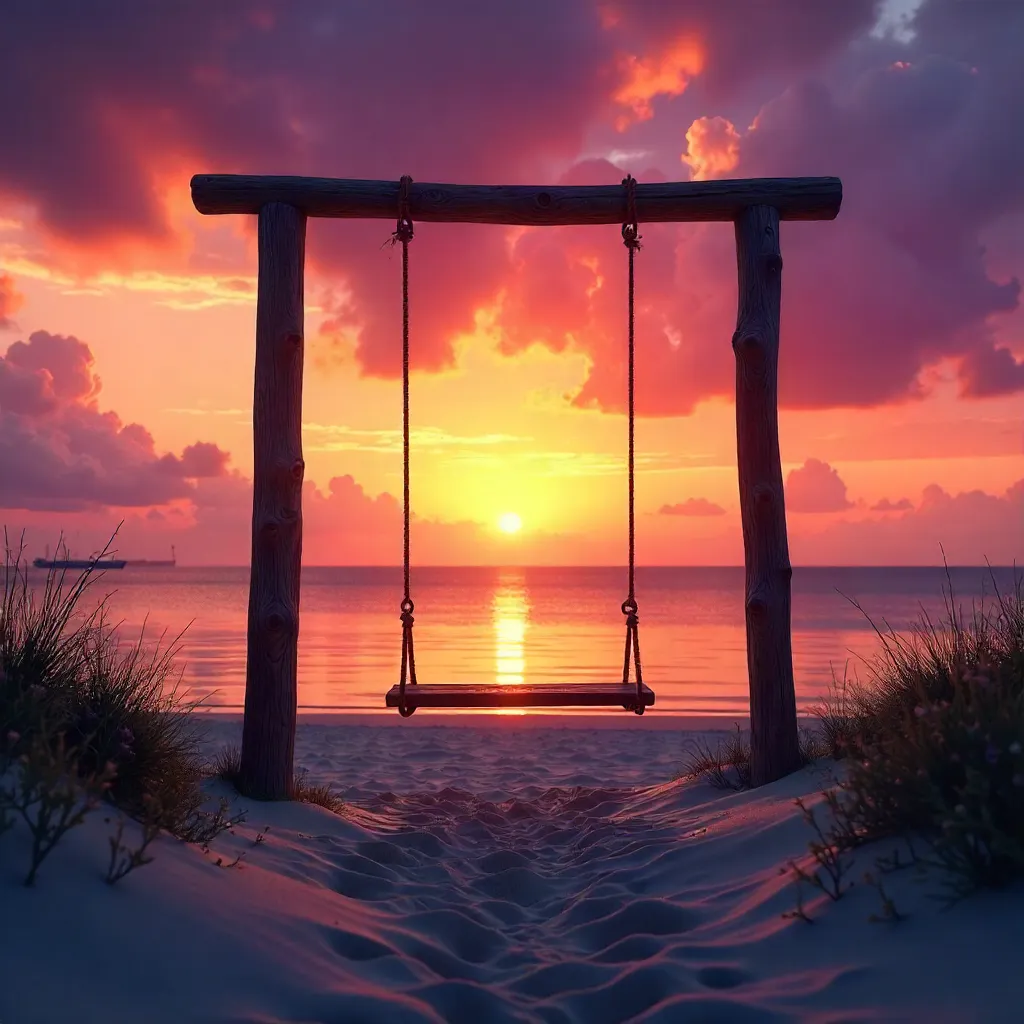 Silhouette of a Beach Swing at Sunset